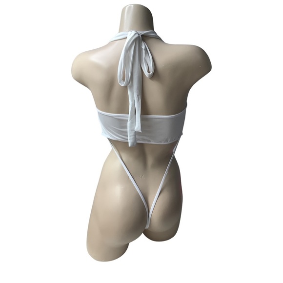 White Mesh Thong Bodysuit with Halter Neck Tie. New - Picture 3 of 3